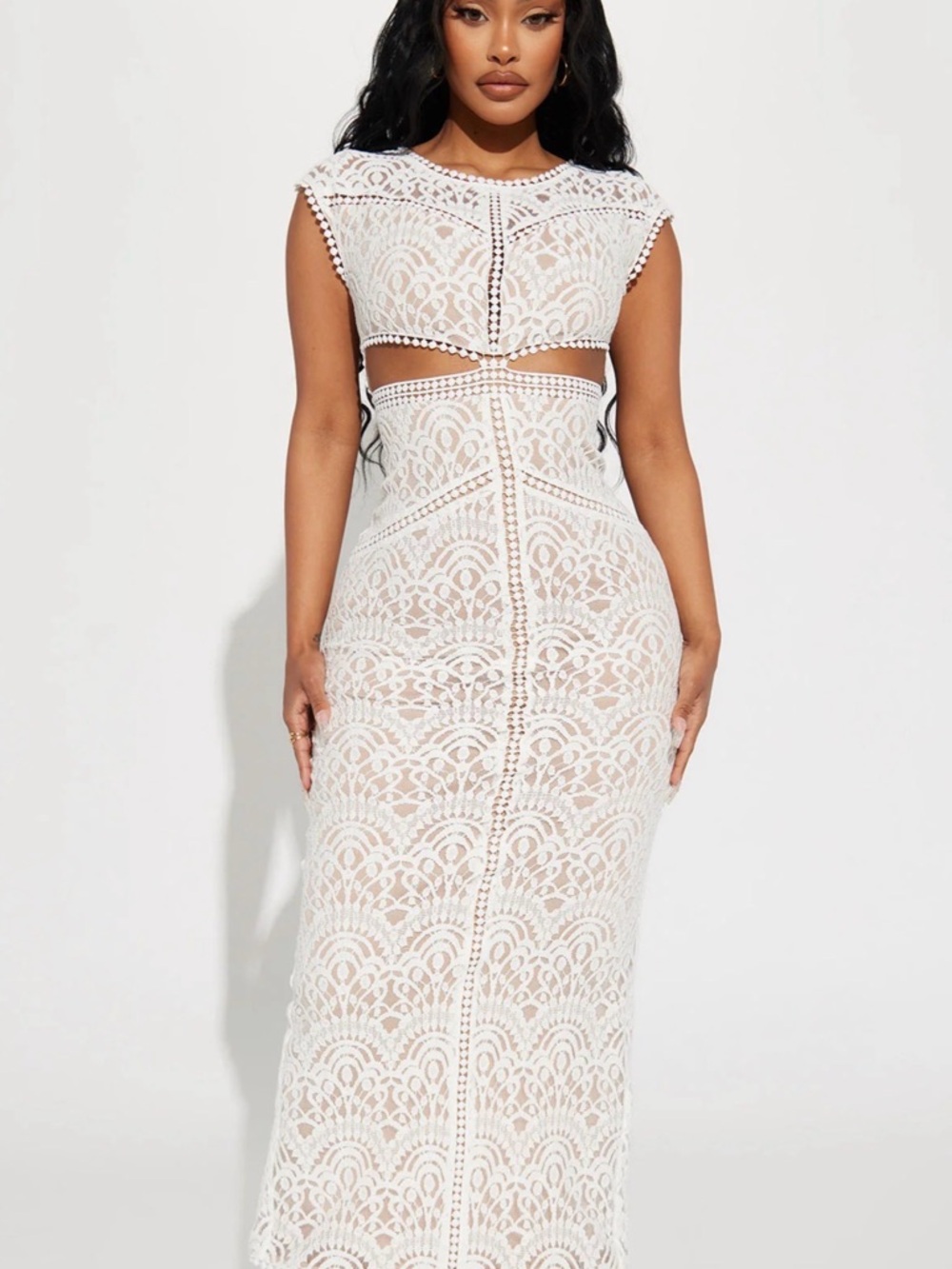 Valerie White Lace Cutout Midi Dress Size Large Elegant Wedding Guest